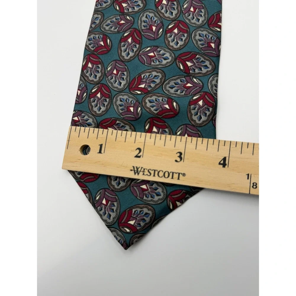 Christian Dior Necktie OS Vintage Silk Medallion Teal Burgundy Designer Retro